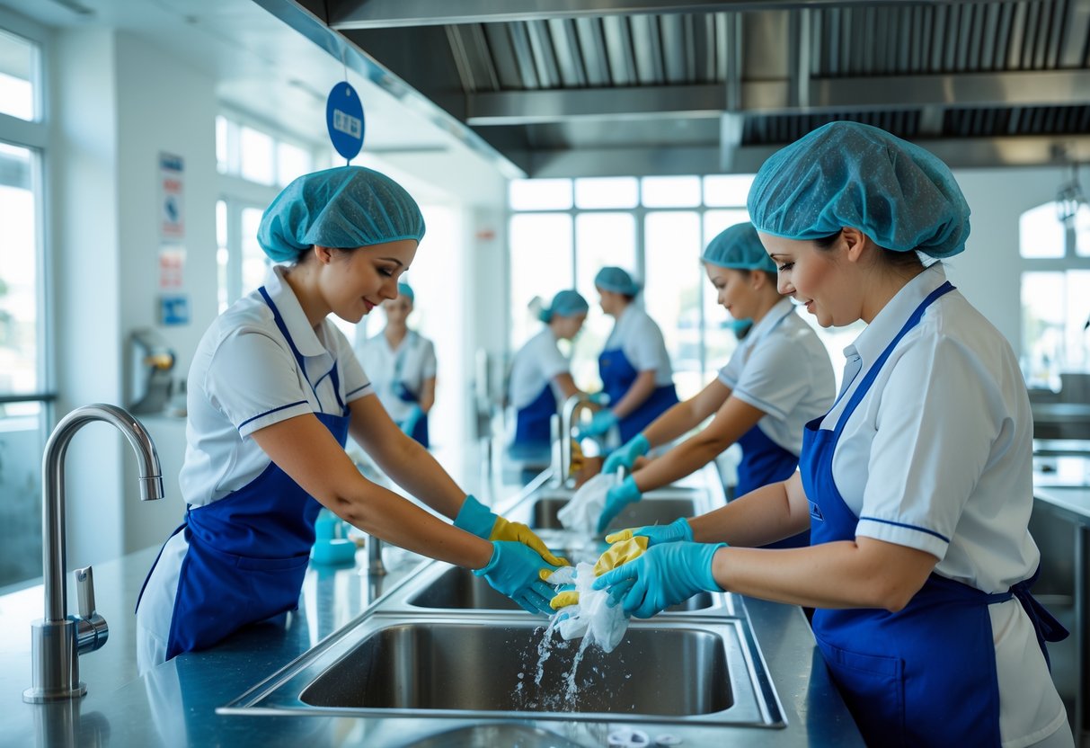 Rene og moderne næringskjøkken med ansatte som vasker hender og rengjør overflater for å sikre god hygiene.