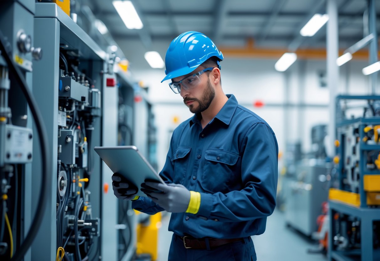 En vedlikeholdsarbeider inspiserer maskineri i et ryddig industrielt miljø.