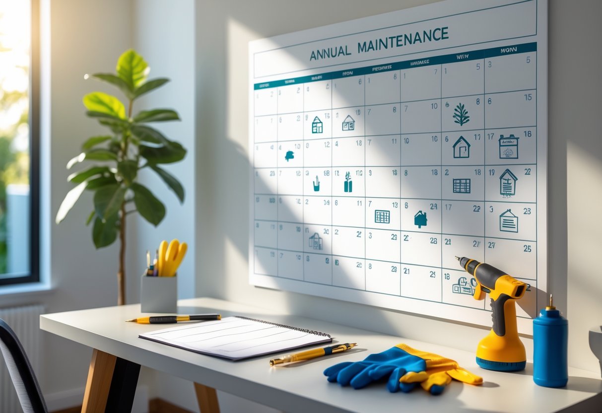 Et ryddig arbeidsområde med en stor veggkalender som viser månedlige vedlikeholdsoppgaver for hjemmet, omgitt av verktøy og en koselig stue i bakgrunnen.