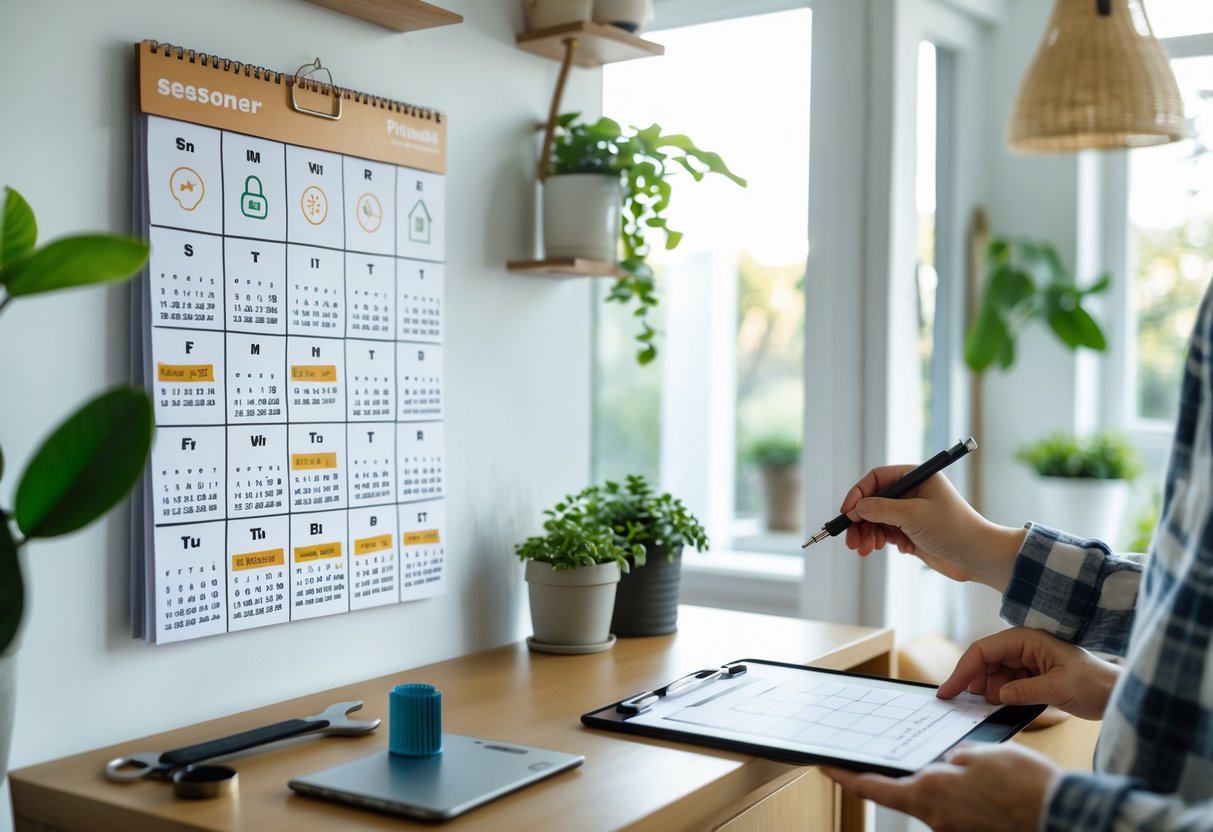 En person som planlegger vedlikehold i et hjem med en kalender og verktøy på et bord.