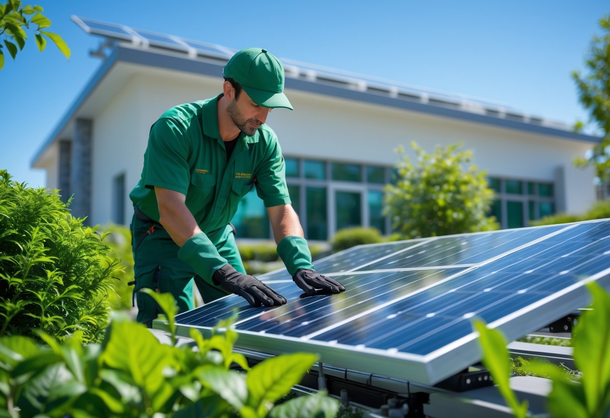 En person som utfører miljøvennlig vedlikehold utendørs med solcellepaneler og grønne planter rundt.