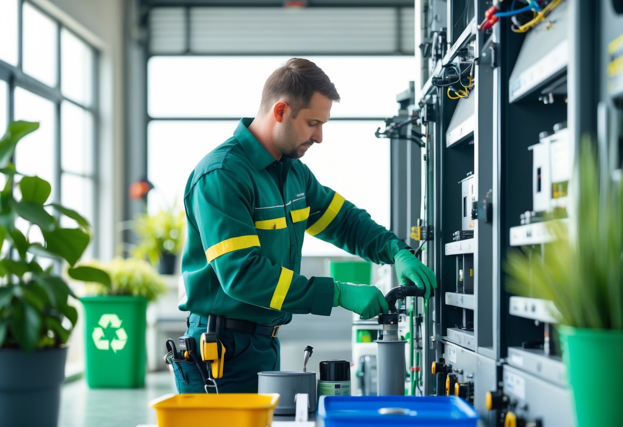 En tekniker utfører vedlikehold på industrielt utstyr i et lyst verksted med grønne planter rundt.