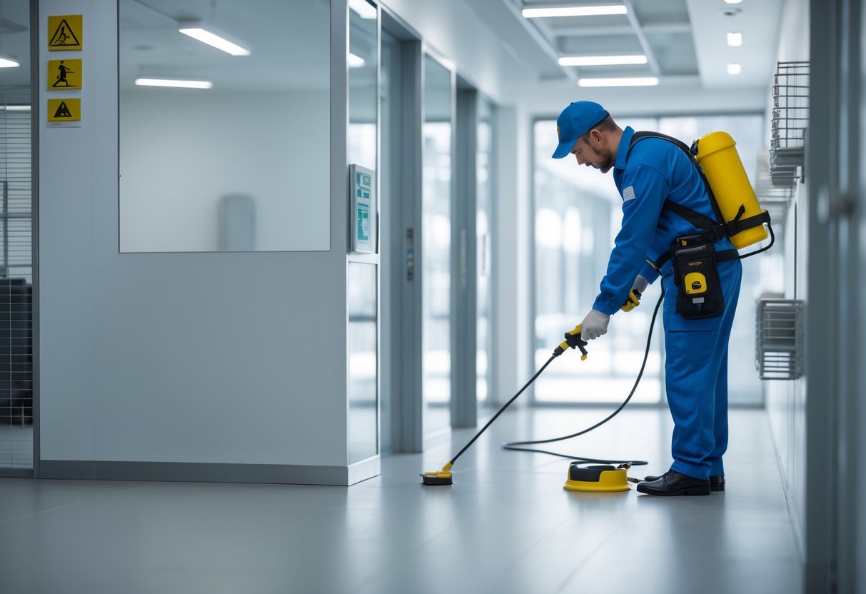 En skadedyrbekjemper i arbeid i et rent næringsbygg, som bruker utstyr for å bli kvitt skadedyr.