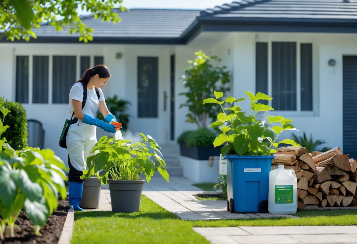 En person som sprayer planter i en ryddig hage med søppelkasser og hus i bakgrunnen.