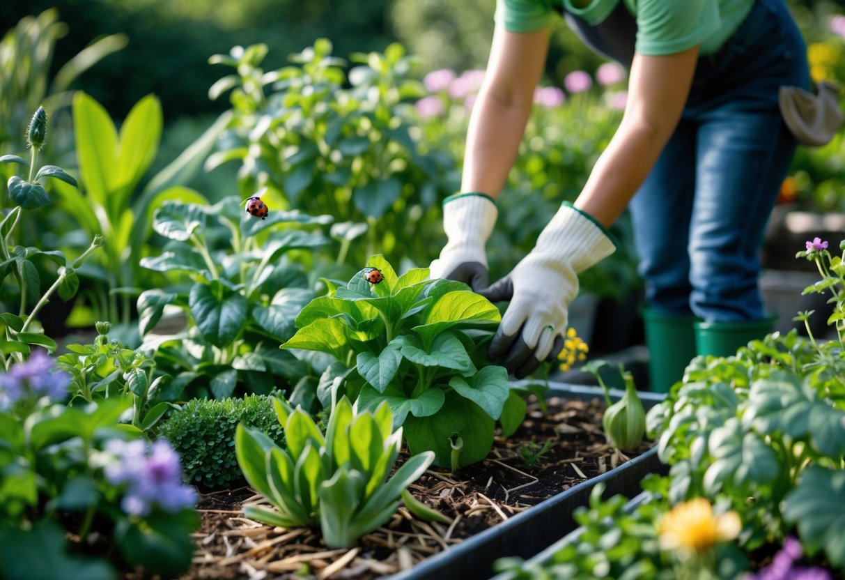 En person som pleier en frodig hage med grønne planter og blomster, omgitt av nyttige insekter som marihøner og bier.