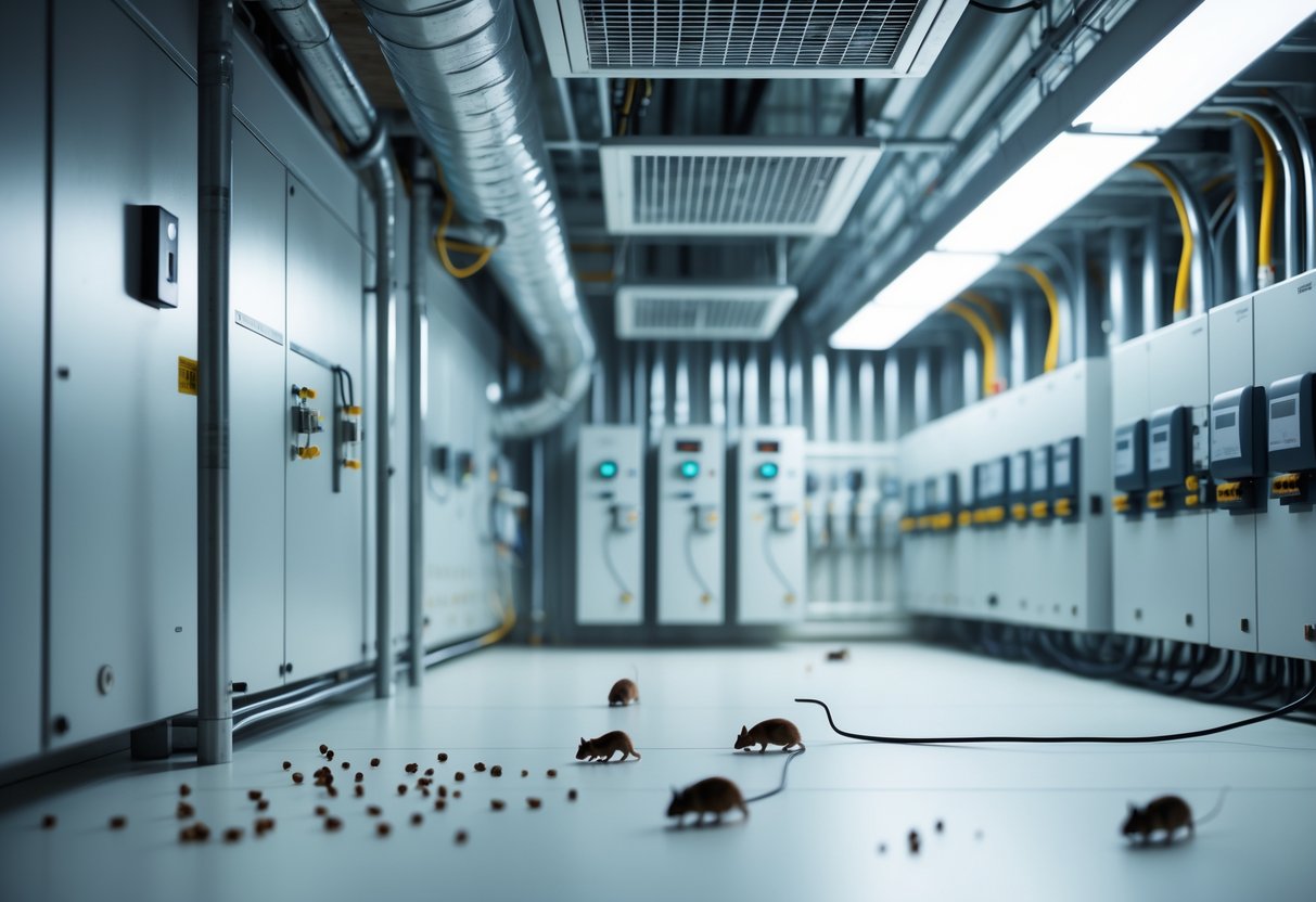 Teknisk rom med ventilasjonskanaler og tegn på skadedyr som gnagemerker og små insekter.
